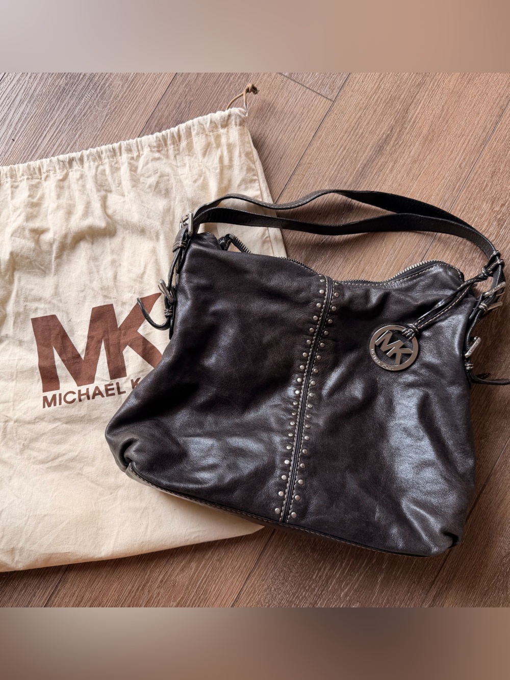 Michael Kors Dark Brown Leather Stud-Trim Shoulder Bag